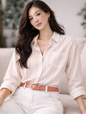 Alex Marie Striped Button-Up Blouse | Cream Beige | Size XL